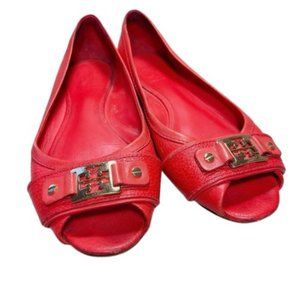 Tory Burch Womens Size 8 Leather Logo Front Coral Open Toe Flat Shoe